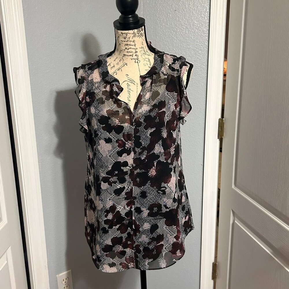 Cabi Floral Ruffle Blouse Womens Small Flutter Sleeve Button Front Top